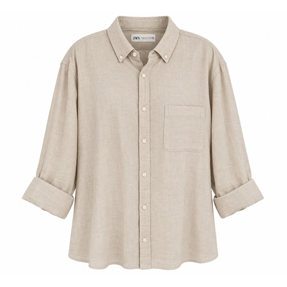 NWT Zara Linen Blend Button Down Shirt Beige Natural Long Sleeve Relaxed Fit XL